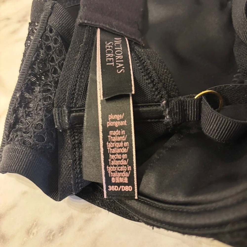 VICTORIAS SECRET Women‎ Black Lace Plunge Bra 36D Underwire Sexy Sheer Mesh